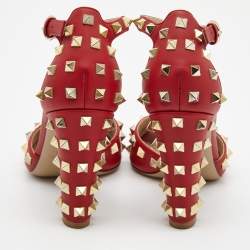 Pre Owned Valentino Red Leather Rockstud Ankle Strap Sandals Size 38