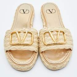 Valentino Beige Raffia Escape V logo Espadrille Flats Size 36