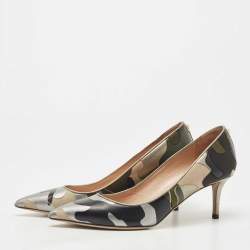 Pre Owned Valentino Tricolor Camo Print Leather and Canvas Pointed Toe Pumps Size 38.5