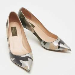 Pre Owned Valentino Tricolor Camo Print Leather and Canvas Pointed Toe Pumps Size 38.5