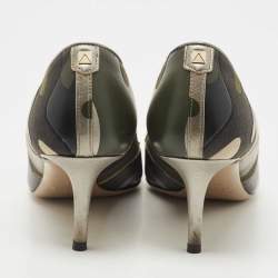 Pre Owned Valentino Tricolor Camo Print Leather and Canvas Pointed Toe Pumps Size 38.5