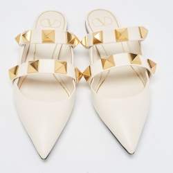 Pre Owned Valentino Cream Leather Roman Stud  Mules  Size 40