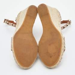 Pre Owned Valentino Metallic Gold Leather Rockstud Ankle Strap Wedge Espadrille Sandals Size 37