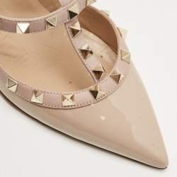 Pre Owned Valentino Beige Leather and Patent Rockstud Ankle Strap Pumps Size 39