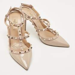 Pre Owned Valentino Beige Leather and Patent Rockstud Ankle Strap Pumps Size 39