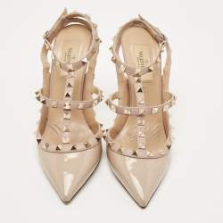 Pre Owned Valentino Beige Leather and Patent Rockstud Ankle Strap Pumps Size 39