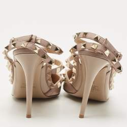 Pre Owned Valentino Beige Leather and Patent Rockstud Ankle Strap Pumps Size 39