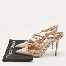 Pre Owned Valentino Beige Leather and Patent Rockstud Ankle Strap Pumps Size 39