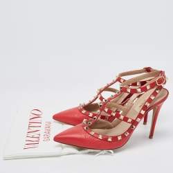 Pre Owned Valentino Red Leather Rockstud Ankle Strap Pumps Size 39