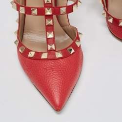 Pre Owned Valentino Red Leather Rockstud Ankle Strap Pumps Size 39