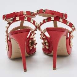 Pre Owned Valentino Red Leather Rockstud Ankle Strap Pumps Size 39
