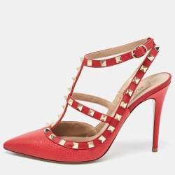 Pre Owned Valentino Red Leather Rockstud Ankle Strap Pumps Size 39