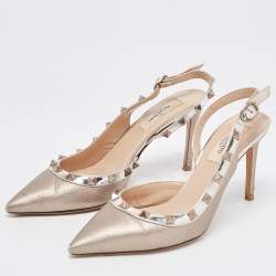 Pre Owned Valentino Metallic Leather Rockstud Slingback D'orsay Pumps Size 36.5