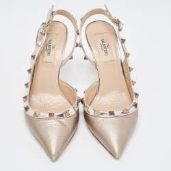 Pre Owned Valentino Metallic Leather Rockstud Slingback D'orsay Pumps Size 36.5