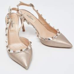 Pre Owned Valentino Metallic Leather Rockstud Slingback D'orsay Pumps Size 36.5