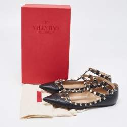 Pre Owned Valentino Black Leather Rockstud Ankle Strap Ballet Flats Size 40