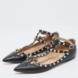 Pre Owned Valentino Black Leather Rockstud Ankle Strap Ballet Flats Size 40