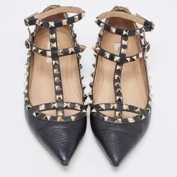 Pre Owned Valentino Black Leather Rockstud Ankle Strap Ballet Flats Size 40