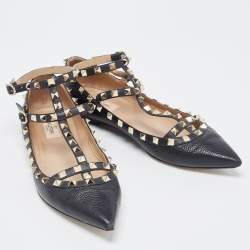 Pre Owned Valentino Black Leather Rockstud Ankle Strap Ballet Flats Size 40