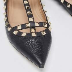Pre Owned Valentino Black Leather Rockstud Ankle Strap Ballet Flats Size 40
