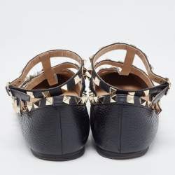 Pre Owned Valentino Black Leather Rockstud Ankle Strap Ballet Flats Size 40