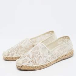 Pre Owned Valentino Cream Lace and Leather Espadrille Flats Size 39