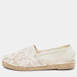 Pre Owned Valentino Cream Lace and Leather Espadrille Flats Size 39