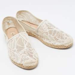 Pre Owned Valentino Cream Lace and Leather Espadrille Flats Size 39