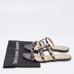 Pre Owned Valentino Black Leather Rockstud  Flat Slides Size 38