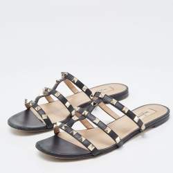 Pre Owned Valentino Black Leather Rockstud  Flat Slides Size 38