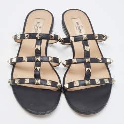 Pre Owned Valentino Black Leather Rockstud  Flat Slides Size 38