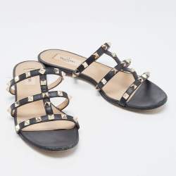 Pre Owned Valentino Black Leather Rockstud  Flat Slides Size 38