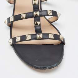 Pre Owned Valentino Black Leather Rockstud  Flat Slides Size 38