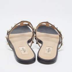 Pre Owned Valentino Black Leather Rockstud  Flat Slides Size 38