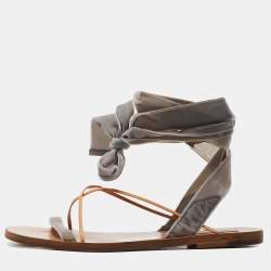 Valentino Grey Velvet Ankle Wrap Flat Sandals Size 37