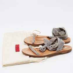 Valentino Grey Velvet Ankle Wrap Flat Sandals Size 37