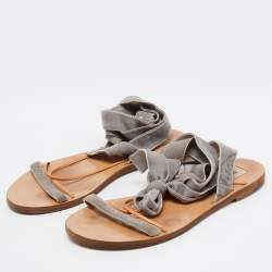 Valentino Grey Velvet Ankle Wrap Flat Sandals Size 37