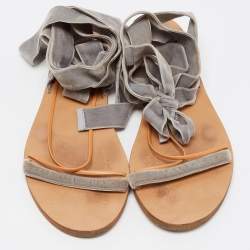 Valentino Grey Velvet Ankle Wrap Flat Sandals Size 37