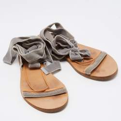 Valentino Grey Velvet Ankle Wrap Flat Sandals Size 37