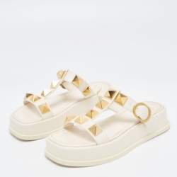 Pre Owned Valentino Cream Leather Roman Stud Flat Slides Size 36