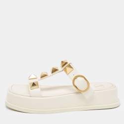 Pre Owned Valentino Cream Leather Roman Stud Flat Slides Size 36