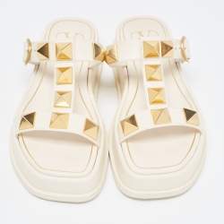 Pre Owned Valentino Cream Leather Roman Stud Flat Slides Size 36