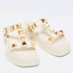 Pre Owned Valentino Cream Leather Roman Stud Flat Slides Size 36