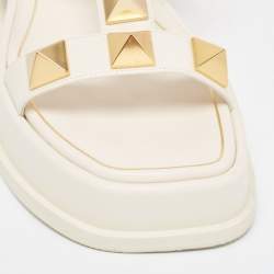 Pre Owned Valentino Cream Leather Roman Stud Flat Slides Size 36