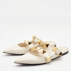 Pre Owned Valentino Cream Leather Roman Stud Flat Mules Size 38