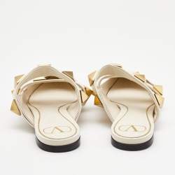 Pre Owned Valentino Cream Leather Roman Stud Flat Mules Size 38