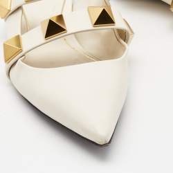 Pre Owned Valentino Cream Leather Roman Stud Flat Mules Size 38