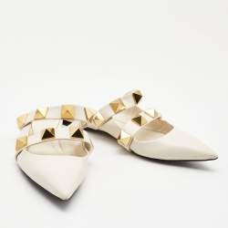 Pre Owned Valentino Cream Leather Roman Stud Flat Mules Size 38
