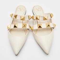 Pre Owned Valentino Cream Leather Roman Stud Flat Mules Size 38