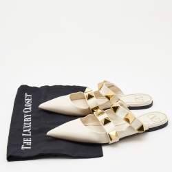 Pre Owned Valentino Cream Leather Roman Stud Flat Mules Size 38